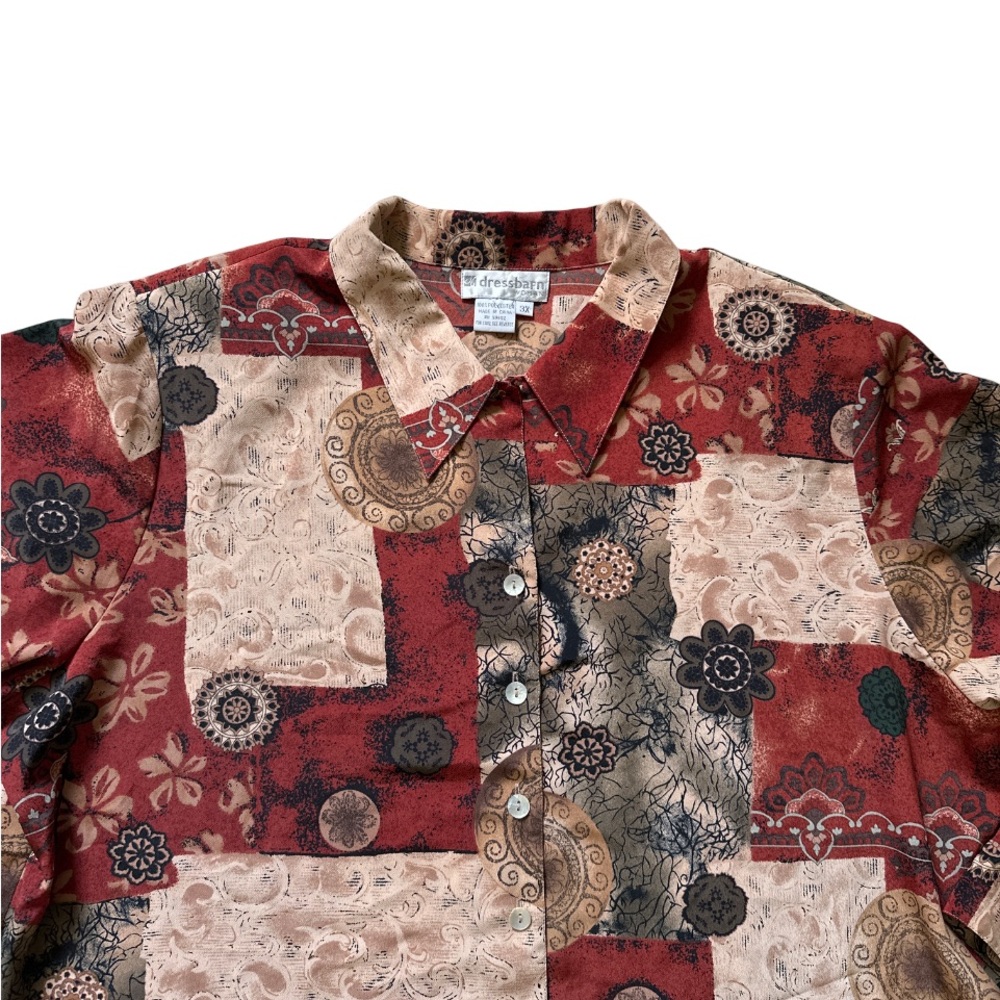 Patchwork Print Button Down Shirt Long Sleeve Boh… - image 2